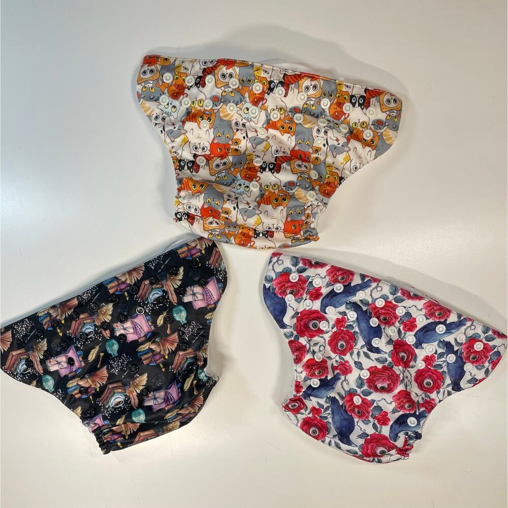 Mama Koala Cloth Diaper Lot Gothic Cats Ravens Roses Bookcore Snap OS 3pc pocket